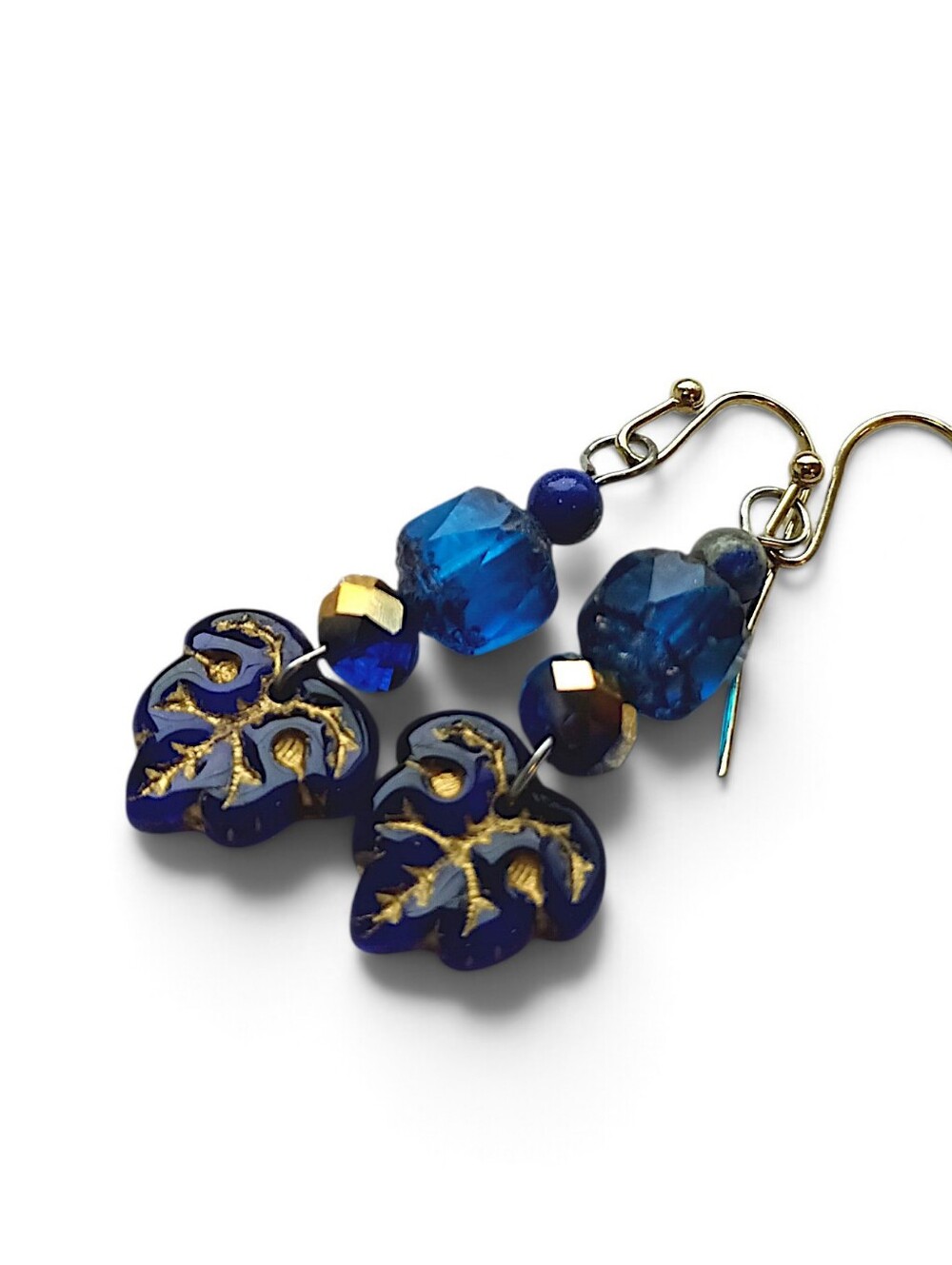 Hand Crafted Cobalt Blue Glass Leaf Drop Earrings Fall Jewel Tones Crystal Cute